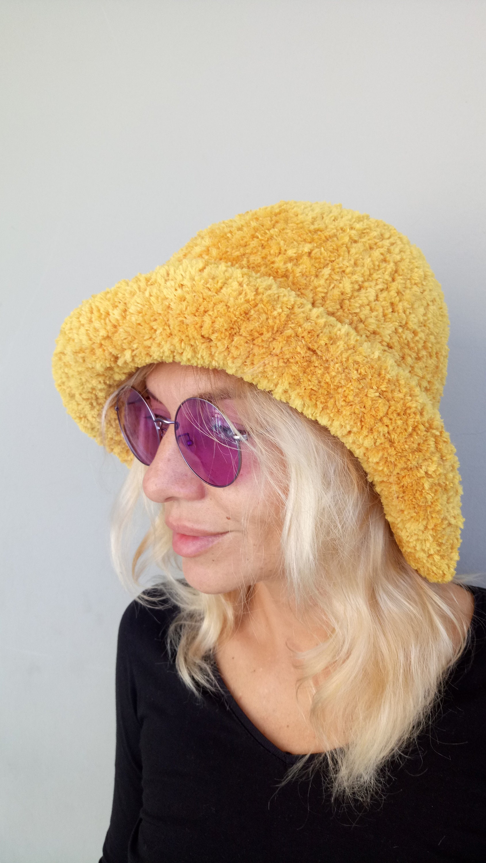 Crochet Bucket Hat Fluffy Bucket Hat Oversized Yellow Faux Fur Etsy UK