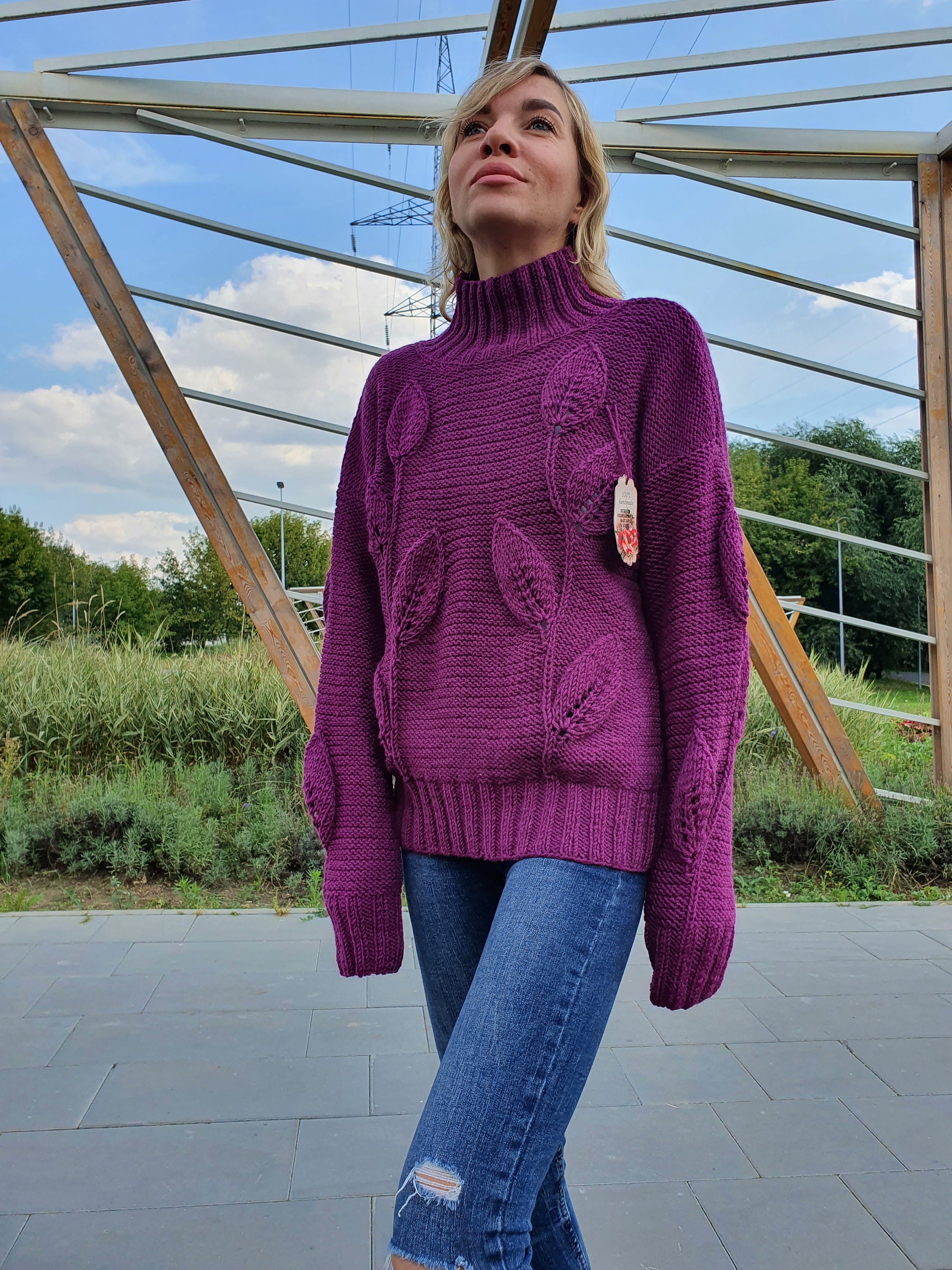 Chunky Knit Sweater Purple Oversized Crop Handknit Sweater by | Etsy