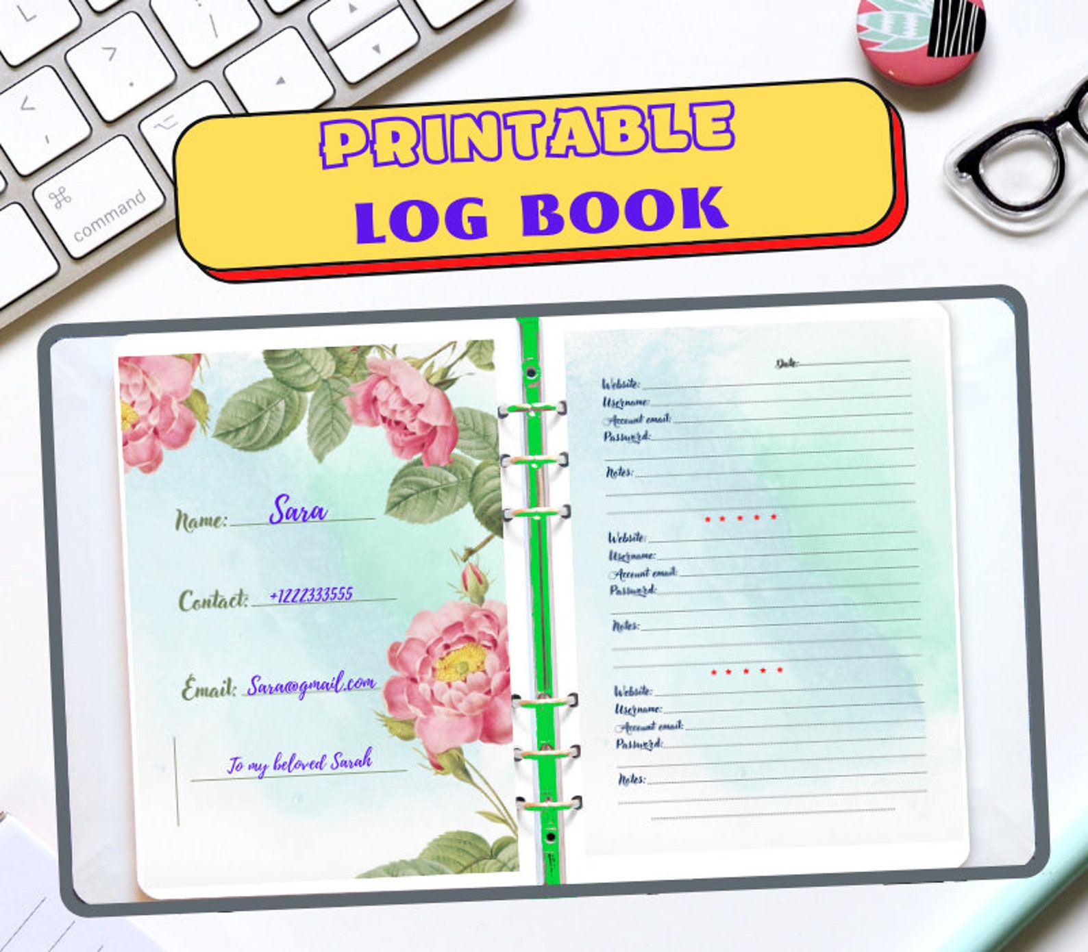 Printable Log Planner Printable Log Book Password Organizer Password ...