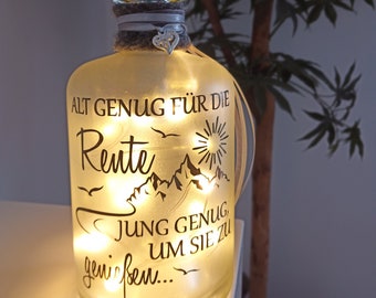 Leuchtflasche "Rente...genießen..."  LED Flaschenlicht Dekolampe Geschenk