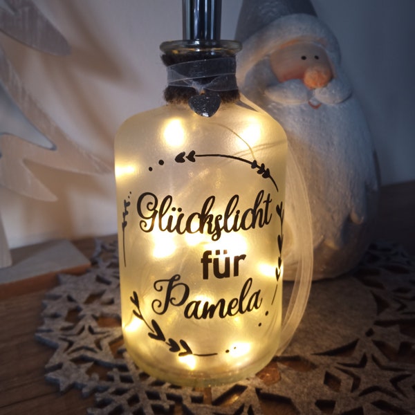 Leuchtflasche "Glückslicht für..."  LED Flaschenlicht Dekolampe Geschenk