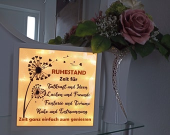 BILDERRAHMEN Rente Ruhestand Kollegen Abschied 3 D beleuchtet Rahmen weiß  27x27 cm.