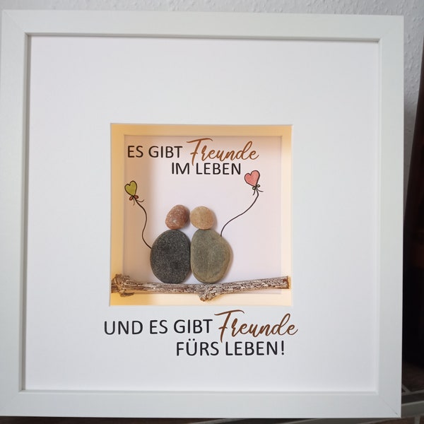 Steinbild "Freunde" Geschenk Timer 10 LEDs Rahmen weiß  27x27 cm.