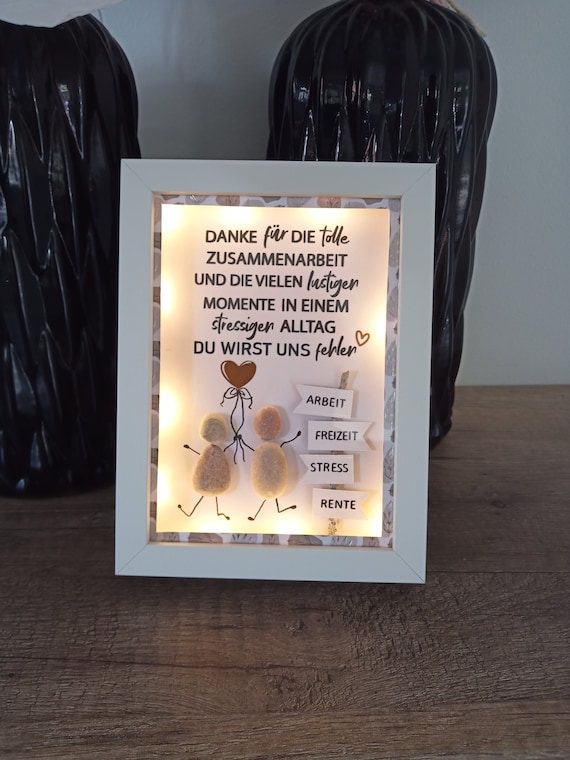 Steinbild "Rente" Geschenk Timer 10 LEDs Rahmen weiß 15x20cm Abschiedsgeschenk Kollege Kollegin