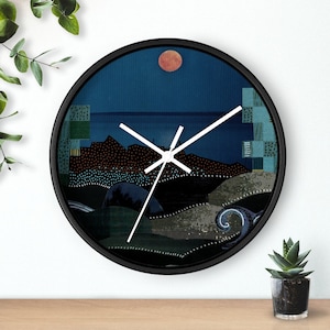 Moon and sea round clock, Artistic 10&quot; wall clock, Blue &quot;view at night&quot; design clock, Housewarming clock gift, Unique home decor gift