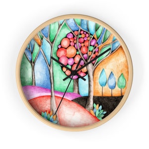 Artistic 10&quot; clock, Colorful trees wall clock, Naive tree round clock, Decorative trees clock gift, Housewarming clock gift decor