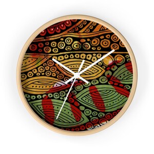 Primitive leaves design Wall clock, Unique green brown round 10&quot; clock, decorative leaves wall decor clock, Housewarming clock gift decor