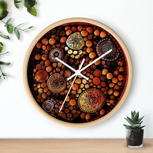 Artistic 10" wall clock,  Mandala round clock, Brown orange design clock, Unique wall clock decor, Housewarming clock gift