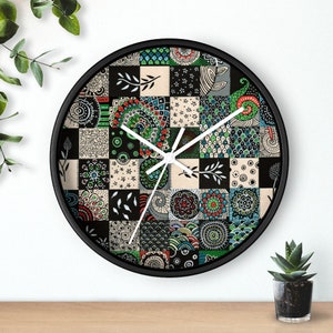 Mandala round 10&quot; Wall clock, Black and white modern design clock, Unique Squers clock decor, Housewarming Boho artistic gift clock