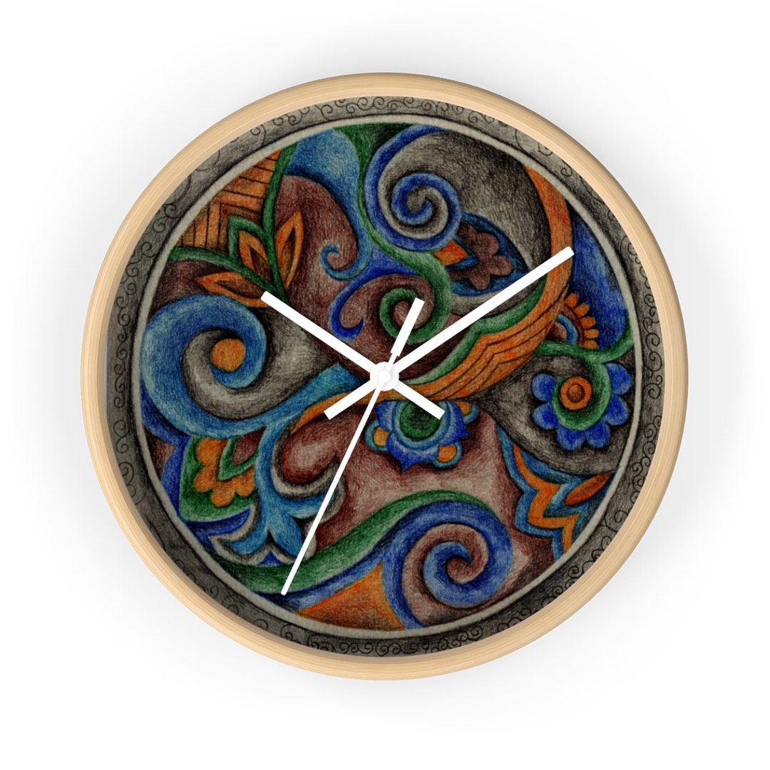 Artistic 10" Wall Clock, Paisley Design Clock, Boho Round Wall Clock ...