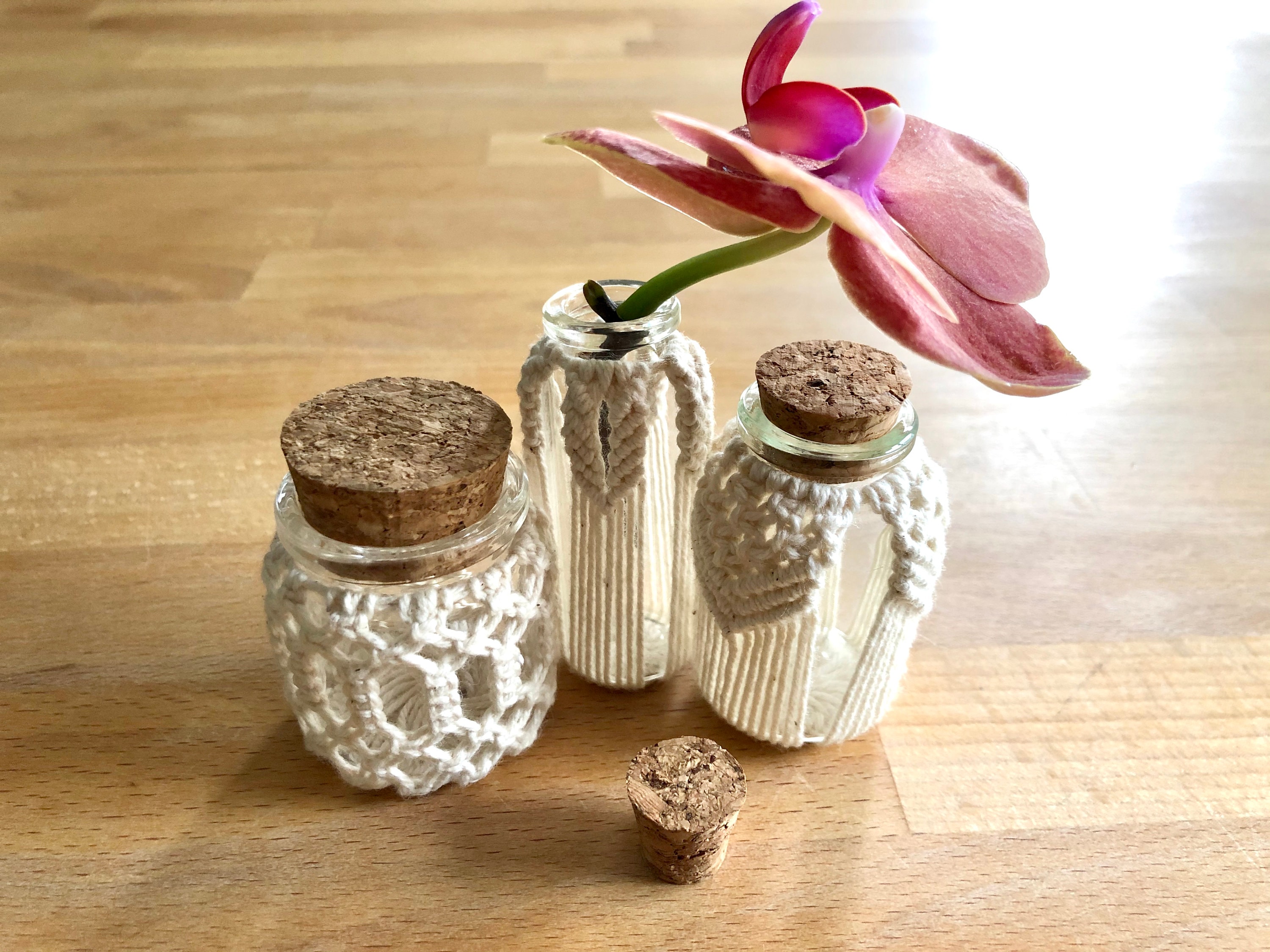 Macrame Covered Mini Bottles Set: Boho Glass Vases With Corks - Etsy