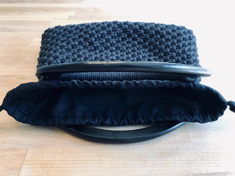 Macrame handbag with black wooden handles Macrame clutch Drawstring cotton liner Boho inspired fashion Unique gift idea image 6