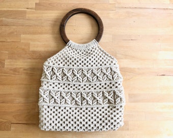 Macrame tote bag with wooden handles | Macrame handbag | Drawstring cotton liner | Boho inspired fashion | Unique gift idea