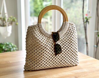 Macrame handbag with natural wood handles | Macrame tote | Cotton liner | Boho inspired fashion | Unique gift idea
