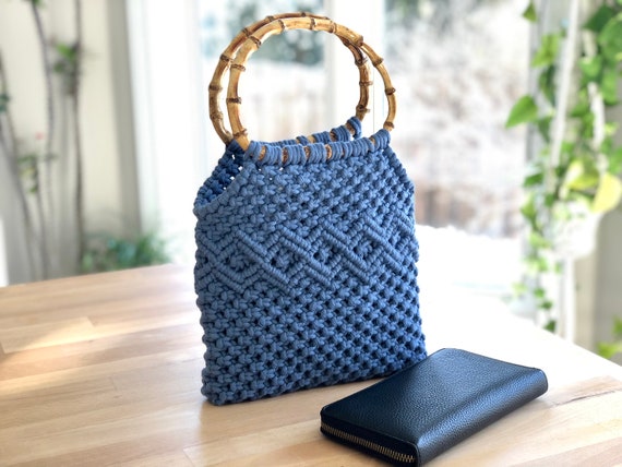 Macrame Bag with Wooden Handle - fairisleshop