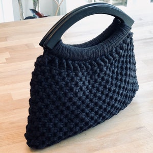 Macrame handbag with black wooden handles Macrame clutch Drawstring cotton liner Boho inspired fashion Unique gift idea image 1