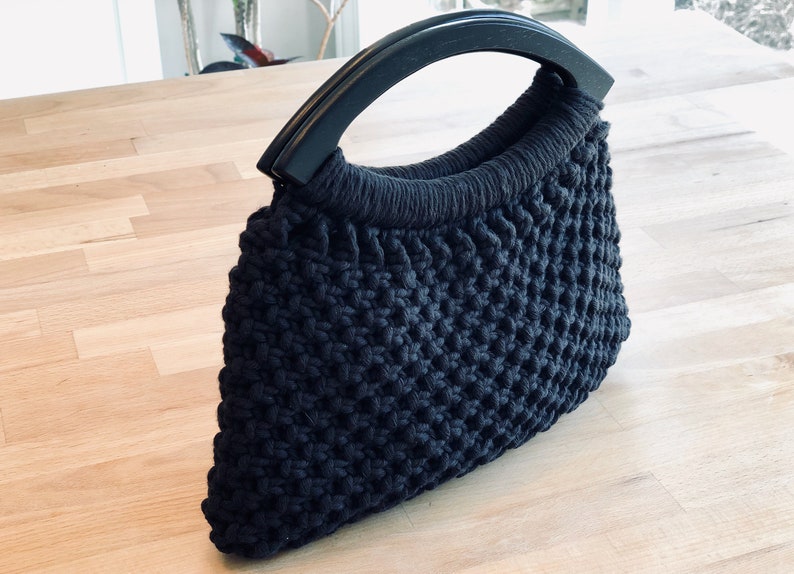 Macrame handbag with black wooden handles Macrame clutch Drawstring cotton liner Boho inspired fashion Unique gift idea image 1