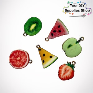 6 Pcs Strawberry Kiwi Apple Watermelon Melon Red Orange Charms Fruit Berries Gold Plated Enamel Charms 27mmx20mm