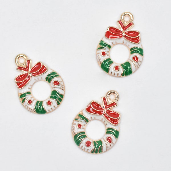 1 Pcs WREATH CHRISTMAS Craft Charms Earring Pendants Ornament Gold Plated Enamel Charms