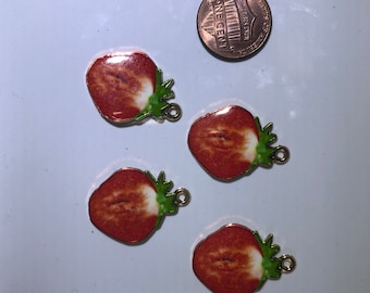 4 Pcs Strawberry Charms Fruit Berries Gold Plated Enamel Charms 27mmx20mm