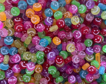 Mixed Clear Colors Smile Happy Face Acrylic Beads 10x5mm Round Flat Beads 25/50/100 pcs DYI Jewelry Making Smiling Face Beads Supplies Kids