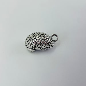 May include: A silver charm shaped like a human brain. The charm features a detailed design and a loop for attaching to a necklace or bracelet.