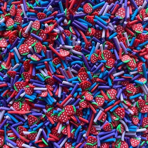 Rebanadas de arcilla polimérica con chispas azules (5 g/10 g/20 g/100 g), rebanadas de Fimo, rebanadas de fresa con chispas moradas para decoración de uñas con slime, bayas kawaii.