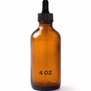 May include: Amber glass bottle with a black dropper and cap. The bottle has a rounded shape and the text "4 OZ" is printed on the front. The bottle is designed for storing liquids.