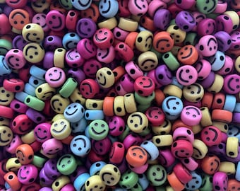Mixed Color Smile Happy Face Acrylic Beads 10x5mm Round Flat Beads 25/50/100 pcs Mixed Colors DYI Jewelry Making Smiling Face Beads Supplies