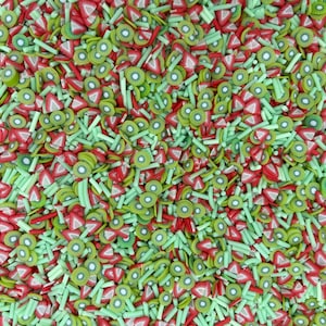 5 g/10 g/20 g/100 g de rodajas de arcilla polimérica con chispas verdes y rojas, rodajas de fimo, rodajas de kiwi y fresas para decoración de uñas con slime, frutas kawaii