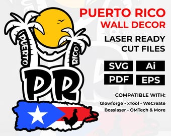 Puerto Rico Palms & Rooster Artwork laser cut ready svg - Wooden Wall Art: size 19" x 27"