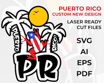 May include: A black and white graphic design featuring a frog with the Puerto Rican flag design, palm trees, and the text "PUERTO RICO". The design includes the text "CUSTOM NEW DESIGN" and "LASER READY CUT FILES". The design is available in SVG, AI, EPS, and PDF formats.