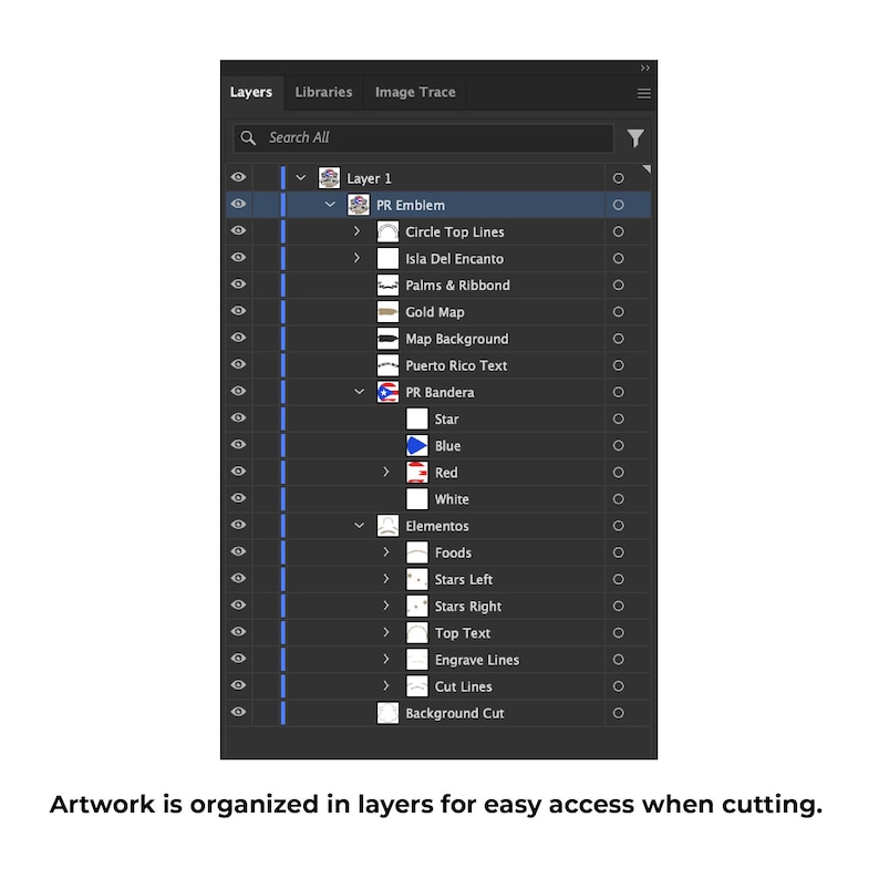 May include: A screenshot of a design software interface, showcasing organized layers for artwork. The interface displays a list of elements, including text and shapes, with a search bar and menu options. Text at the bottom reads: Artwork is organized in layers for easy access when cutting.