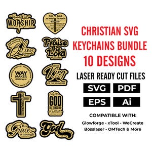 Puede incluir: Un conjunto de 10 diseños de llaveros cristianos SVG. Los llaveros presentan frases y símbolos religiosos, incluyendo cruces, corazones y citas bíblicas. La imagen también incluye opciones de formato de archivo: SVG, PDF, EPS y AI.
