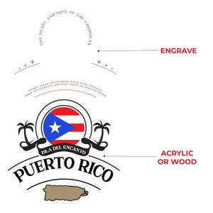 May include: A graphic design featuring the Puerto Rican flag within a circular emblem, with the words "Puerto Rico" and "Isla del Encanto" below. The design includes palm trees and a map outline.