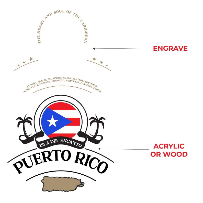 May include: A graphic design featuring the Puerto Rican flag within a circular emblem, with the words "Puerto Rico" and "Isla del Encanto" below. The design includes palm trees and a map outline.