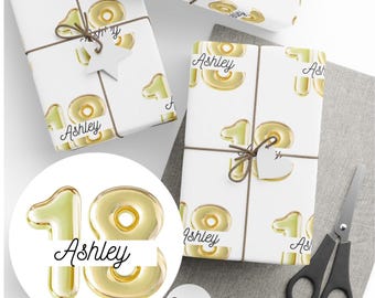 Papel de embrulho personalizado para aniversário, design de balão com nome personalizado, presente de aniversário