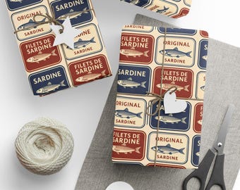 Papel de embrulho com estampa vintage de lata de sardinha | Papel de presente náutico retrô
