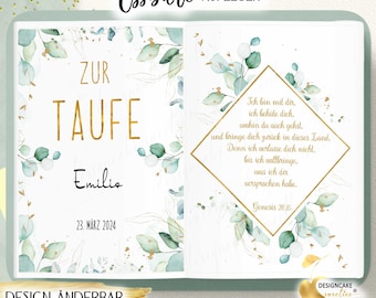 Tortenaufleger Buchform Taufe, Segnung Eukalyptus Junge Spruch oder Foto| rechteckig personalisiert mit Wunschtext|Tortendeko AUSGESCHNITTEN