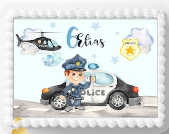 Décoration de gâteau personnalisée sur le thème de la police pour garçons, carrée, avec nom et numéro, image de gâteau de police, décoration de gâteau sur le thème de la police, fondant