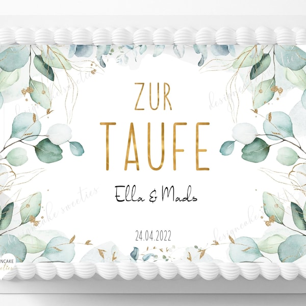 Tortenaufleger Taufe EUKALYPTUS Fondant Junge Mädchen Kind | Kuchen Aufleger essbare Tortendeko Tauftorte Tauffeier Wunschtext rechteckig