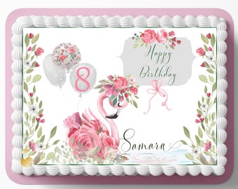 Cake Topper, Fondant, Children's FLAMIGNO Cake Image | Edible Cake Decoration, Birthday Cake with Custom Text, Rectangular