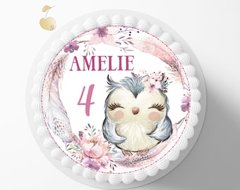 Cake Topper Owl Fondant Kids Party | Edible Cake Decoration Birthday Cake Personalized with Custom Text Boho