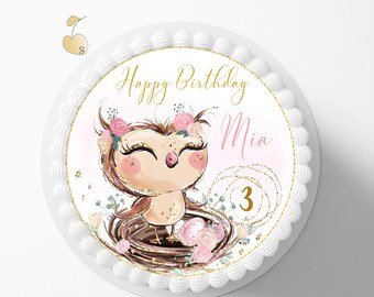 Cake Topper Owl Fondant for Birthday Party Girls | Edible Cake Decoration, Personalized Round Birthday Cake