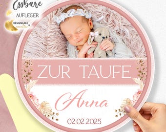 Personalized christening cake topper with photo of a girl, edible, watercolor floral design, round, 4-28 cm, A4-A3