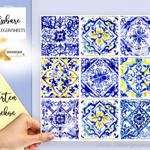 Cinta para tartas | Azulejos comestibles | Azulejos con motivos mediterráneos en azul y amarillo, decoraciones laterales de fondant para tartas | Tartas y galletas