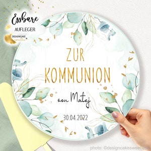 Tortenaufleger Kommunion EUKALYPTUS Konfirmation, Tortenbild, Tortendeko, personalisiert Wunschtext, Zuckerbild Fondant Kommunionstorte