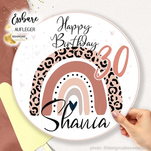 Adorno comestible para tarta de cumpleaños para mujer - Diseño de arcoíris y leopardo, número personalizable | Decoración comestible para tarta de cumpleaños para mujer - Recortable