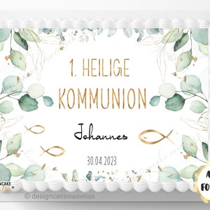 Cake topper EUCALYPTUS Communion, Confirmation, Confirmation FISH - rectangular personalized with desired text | Cake decoration Fondant
