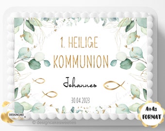 Tortenaufleger EUKALYPTUS Kommunion, Konfirmation, Firmung FISCHE- rechteckig personalisiert mit Wunschtext | Tortendeko Kuchendeko Fondant